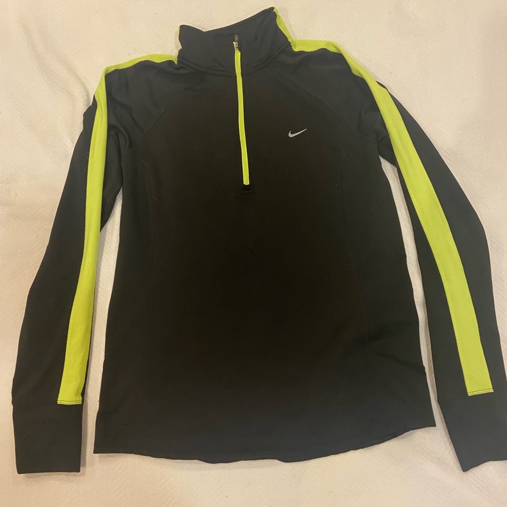 Black Nike dry fit half-zip pullover with yellow stripe on sleeves. Size Large.